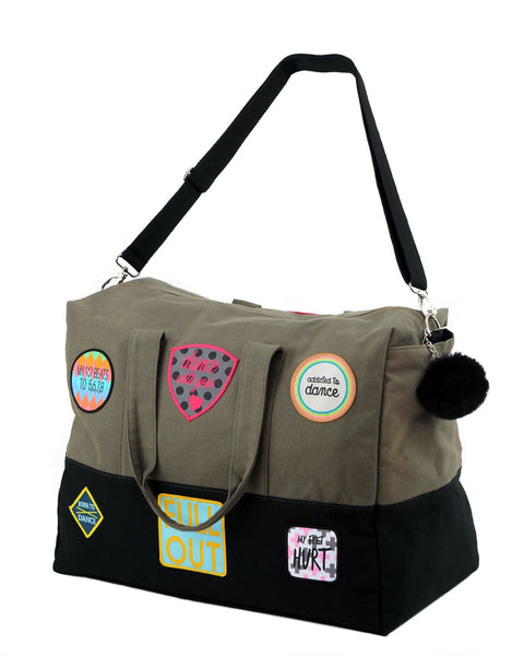 Patch Dance Bag with Pom Pom - Khaki Green & Dark Grey